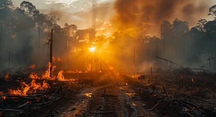 Fierce Wildfire Blaze in Forest at Sunset