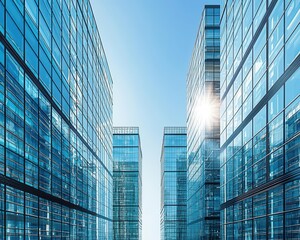 Fototapeta premium Array of sleek glass buildings under a spotless blue sky, sunlight glistening off the facades, futuristic urban scene, modernity, clear weather, vertical composition