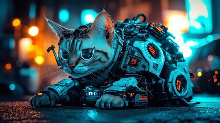 Futuristic Biomechanical Cat, a sleek feline with augmented reality elements, showcasing the blend of biological and technological innovation in an urban landscape