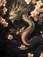 The intricate oriental line art featuring Chinese dragons and Japanese cherry blossoms