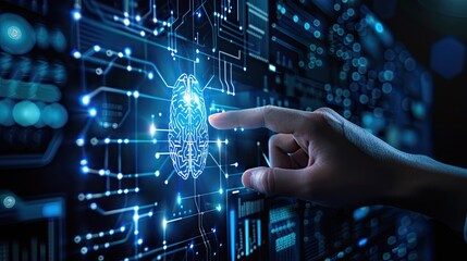 Artificial Intelligence Concept with Human Hand Interacting with a Brain Icon on a Screen
