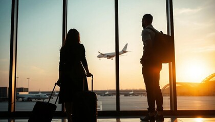 Fototapeta premium Silhouettes of travelers with luggage waiting for flights at the airport terminal.