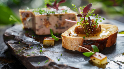 a sophisticated appetizer plate, featuring foie gras terrine with fig chutney and toasted brioche, garnished with micro herbs, set on a textured stone plate