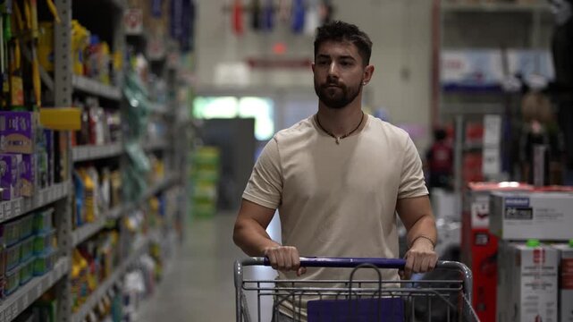 Young happy man pushing shopping cart in hardware store cleaning supplies aisle.