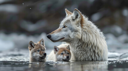 Obraz premium A wolf family consisting of a mother and several cubs. Live wild in the forest and hunt wild animals for food. 