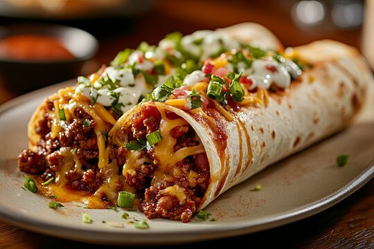 Delicious beef burritos with cheese and fresh toppings served on a plate