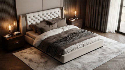 Double bed in modern bedroom interior design. 3d render illustration.