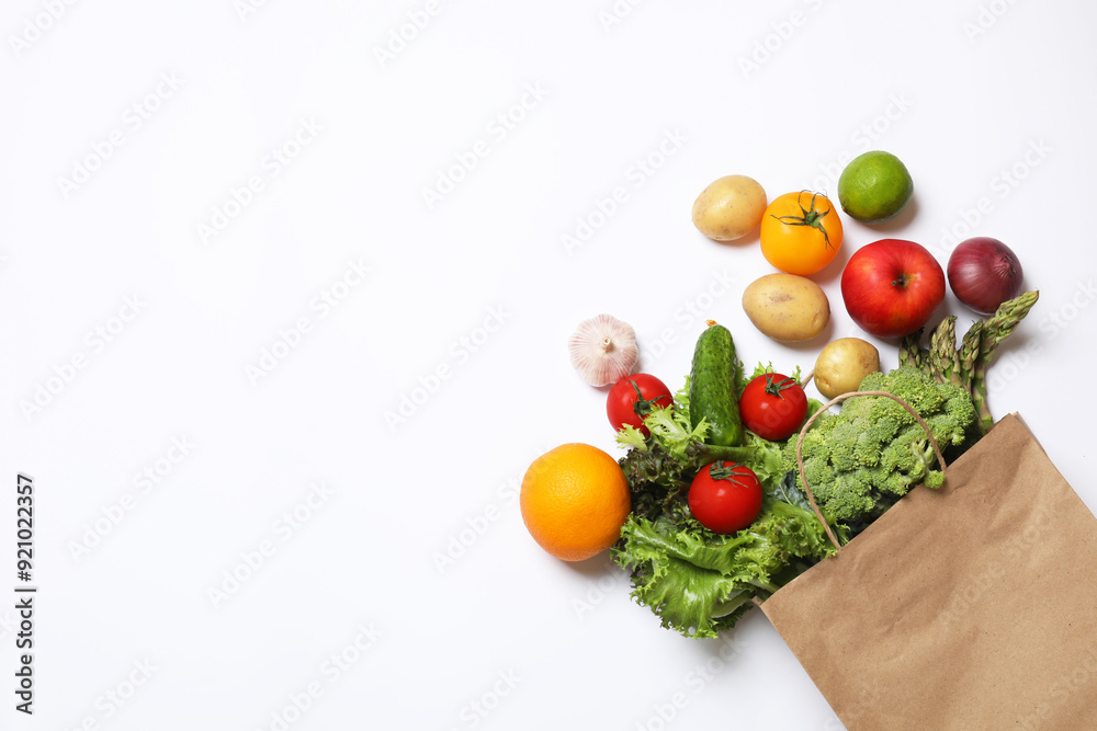 Sticker Delivery of vegetarian products. Bag with different vegetables and fruits on white background, top view