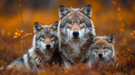 Fototapeta premium A wolf family consisting of a mother and several cubs. Live wild in the forest and hunt wild animals for food. 