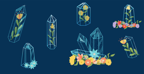 Magic crystal, outline flowers and leaves. Decorative floral elements . Minerals, different crystals, gemstone.
