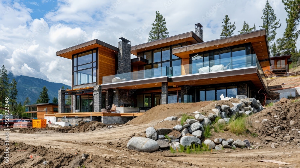 Canvas Prints A modern mountain home being built, designed to offer stunning views and blend with the rugged landscape.