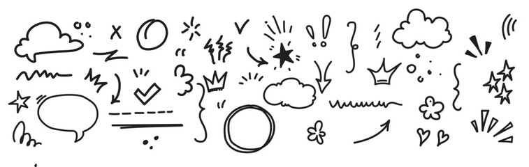 drawn brush stroke, highlight, speech bubble, underline, sparkle element. Vector illustration style doodle and line art