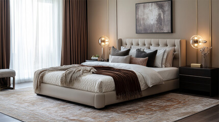 Double bed in modern bedroom interior design. 3d render illustration.