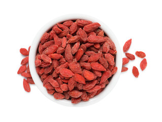 Dried goji berries in bowl isolated on white, top view © New Africa