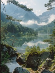 Serene Mountain Lake Misty Morning Scene