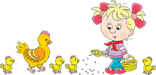 Little girl farmer standing with a bucket of feed grain and feeding a merry brood of small yellow chicks and a cute hen on a chicken farm, vector cartoon illustration on a white background