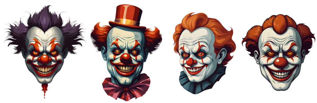 Set of cartoon horror clown character faces. vector illustration of evil clowns smile scary circus monsters. Generative AI.