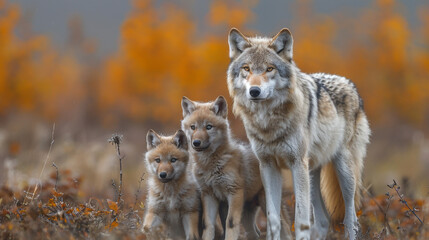 Fototapeta premium A wolf family consisting of a mother and several cubs. Live wild in the forest and hunt wild animals for food. 