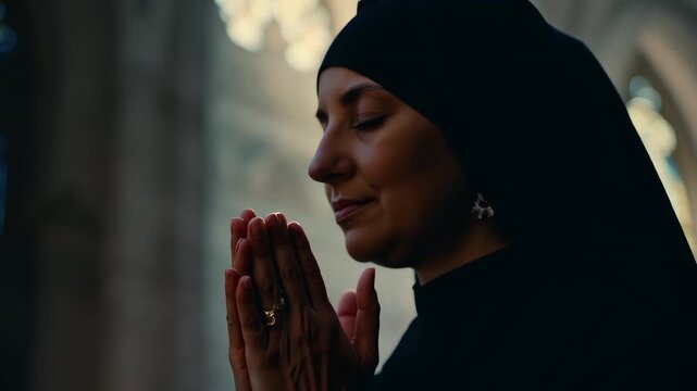 Nun prayer woman vows dedicate her life religious service. Chastity and obedience. Monastery, convent background. Sister praying close up. Charitable work. Catholic tradition. Divine Office in church.
