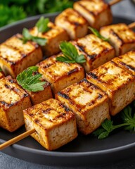 Close-up of grilled tofu skewers with an energy-infused background, protein intake, vegan protein source concept