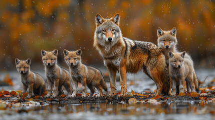 Fototapeta premium A wolf family consisting of a mother and several cubs. Live wild in the forest and hunt wild animals for food. 