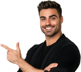 Man smiling and pointing at copy space on side,PNG,transparent background,clipart.