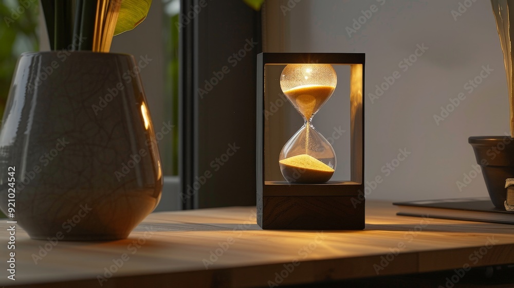 Poster a sand clock with a built-in led light, illuminating the sand as it flows, creating a serene and cal