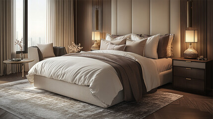 Double bed in modern bedroom interior design. 3d render illustration.