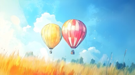 Obraz premium Whimsical Watercolor Air Balloons Floating Over Lush Countryside Landscape