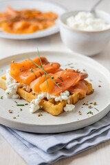 Artisanal Waffle with Smoked Salmon, Cottage Cheese, and Chives