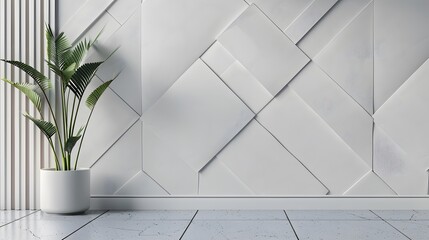 A white wall with a plant in a white pot. The room has a clean and minimalist look, with the white wall