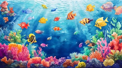 Vibrant Watercolor Underwater Scene with Colorful Marine Life