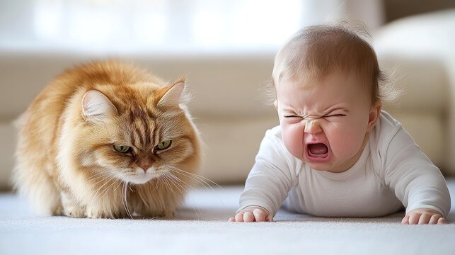 cute baby angry with the cat