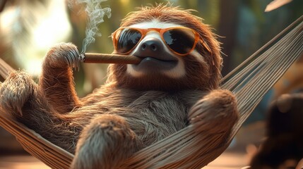 Sloth lounging on a hammock, smoking a cigar, calm, relaxing, shaded, completely chilled with everything, realistic scenery, soothing lighting.