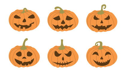 Halloween pumpkins, vector set of Halloween pumpkins with various faces, suitable for Halloween decorations, invitations and holiday decorations