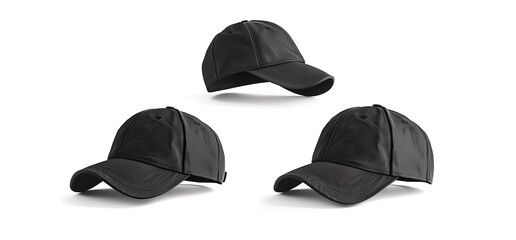 Three black baseball caps mockup on white background. Blank hats for branding design, mockups, and templates.
