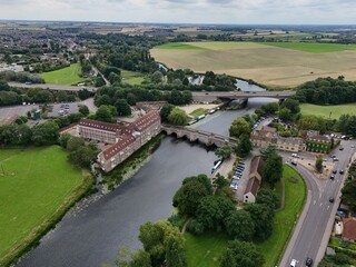 Old and new Road bridges River Great Ouse Huntingdon Cambridgeshire UK © Air Video UK 
