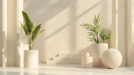 Fototapeta premium A white pedestal with two palm trees and a white ball on it. The scene is set in a room with white walls and a white ceiling
