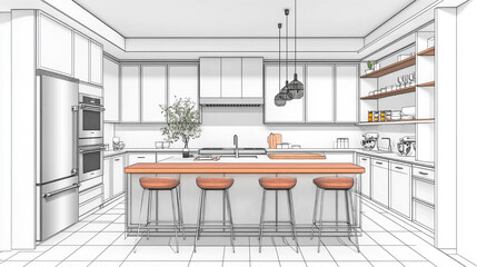 sketch design of interior kitchen,3d render and illustration