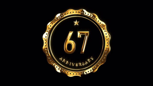 67th Anniversary Celebration. Happy 67 Years Anniversary Animation in Gold Color on the Transparent Background, Alpha Channel. Great for greetings, celebrations, events, and gifts.