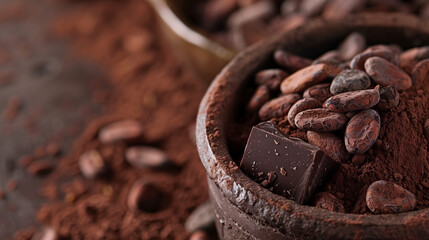 cacao nibs in a rustic bowl, with a piece of dark chocolate and cocoa powder dusted around