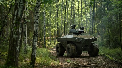Obraz premium Autonomous armored vehicle - a small armored vehicle that can be controlled remotely. Install machine guns and CCTV cameras. moving through the forest
