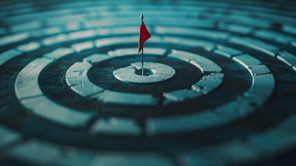A 3D rendering of a target with concentric circles, and a flag in the center, illustrating the concept of pinpoint focus