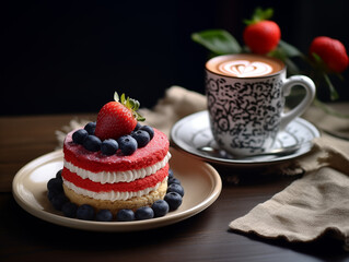 cake with berries and coffee