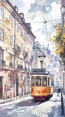 Obraz premium Vintage tram on a charming street in a European city with historic buildings, capturing the essence of urban life and transportation.