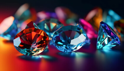 A close up of a bunch of colorful diamonds. The diamonds are of different colors and sizes, and they are arranged in a way that they are all facing the same direction. Concept of luxury and elegance