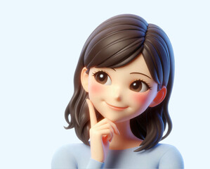 Japanese cartoon character, portrait of a young woman in 3D style design on light background. Human person feelings expression concept