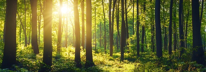 Fototapeta premium Sunlight streaming through tall trees in a dense forest.