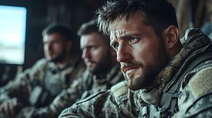 Fototapeta premium Military personnel in tactical gear, reflecting serious expressions, showcasing camaraderie and focus in a combat setting.