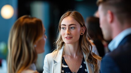 Businesswoman Conversing - Young Caucasian woman standing in a group of people talking at a business seminar. Wearing a dark blue dress and a white jacket.